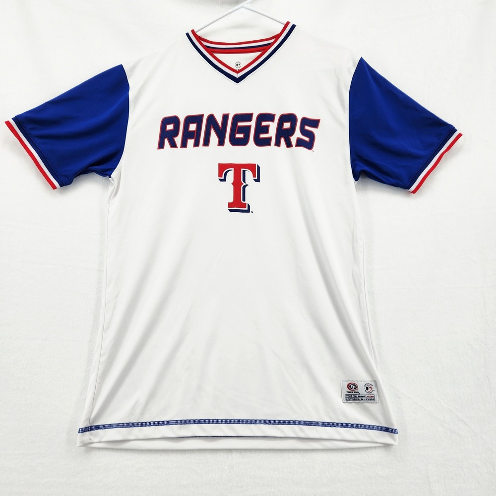 Texas Rangers MLB True Fan Series Baseball Shirt White Blue Mens Medium 24813